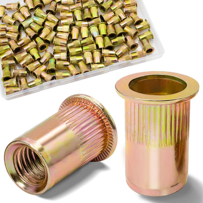 Vifmy Metric & SAE Rivet Nut Assortment Kit(420 Pcs),m3 m4 m5 m6 m8 m10 m12#6-32#8-32#10-24 1/4"-20 5/16"-18 3/8"-16 UNC Flat Head Rivnut Set,Zinc Plated Finish Carbon Steel Nutsert
