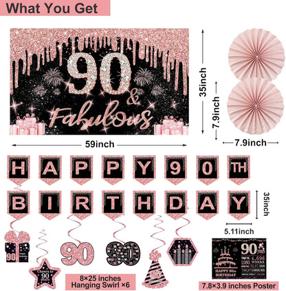 40th Birthday Decorations for Women,32pcs 40th Birthday Party Decorations,Including Backdrop, Crown,Sash,banner, Hanging Swirl,Cake Topper,balloons,Paper Fans,Anniversary Card and paper fans