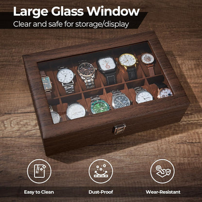 Ohuhu Watch Box Organizer for Men -12 Slot Leather Watch Case with Real Glass Lid Watch Display Case, Watch Organizer Jewelry Storage Box