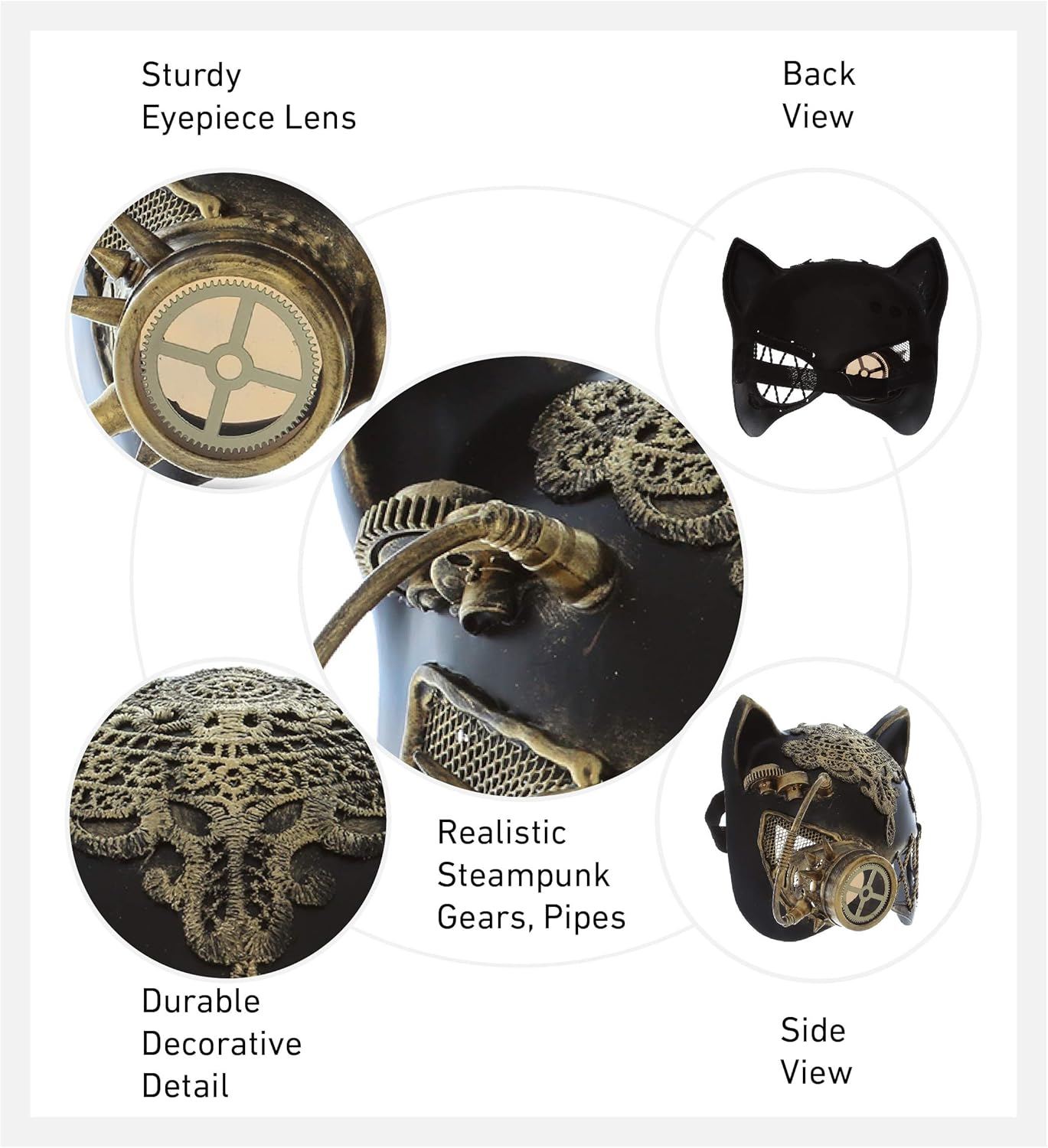 Attitude Studio Steampunk Cat Ears Half Mask Robot Monocles Costume - Gold