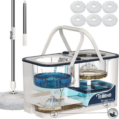 RinseWise Spin Mop and Bucket Separate Clean and DirtyWater, Mop and Bucket with Wringer Set, 4-Chamber Commercial Spinning Mopping Bucket Cleaning Supplies with 8 Microfiber Replacement Head Refills