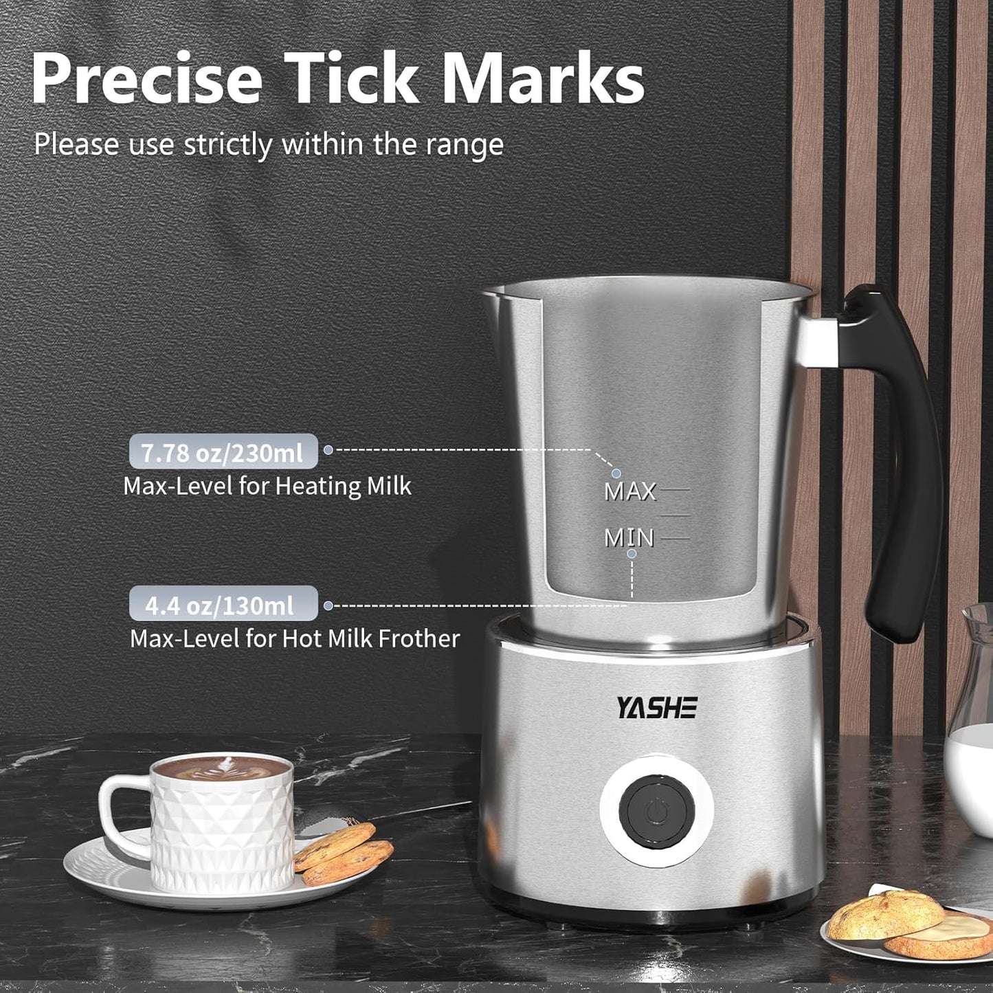 YASHE Milk Frother, 8.1 oz/240ml Milk Frother and Steamer, 4-in-1 Electric Milk Frother, Milk Steamer and Frother for Latte, Stainless Steel Milk Steamer, Easy Clean, Dense Velvety Foam