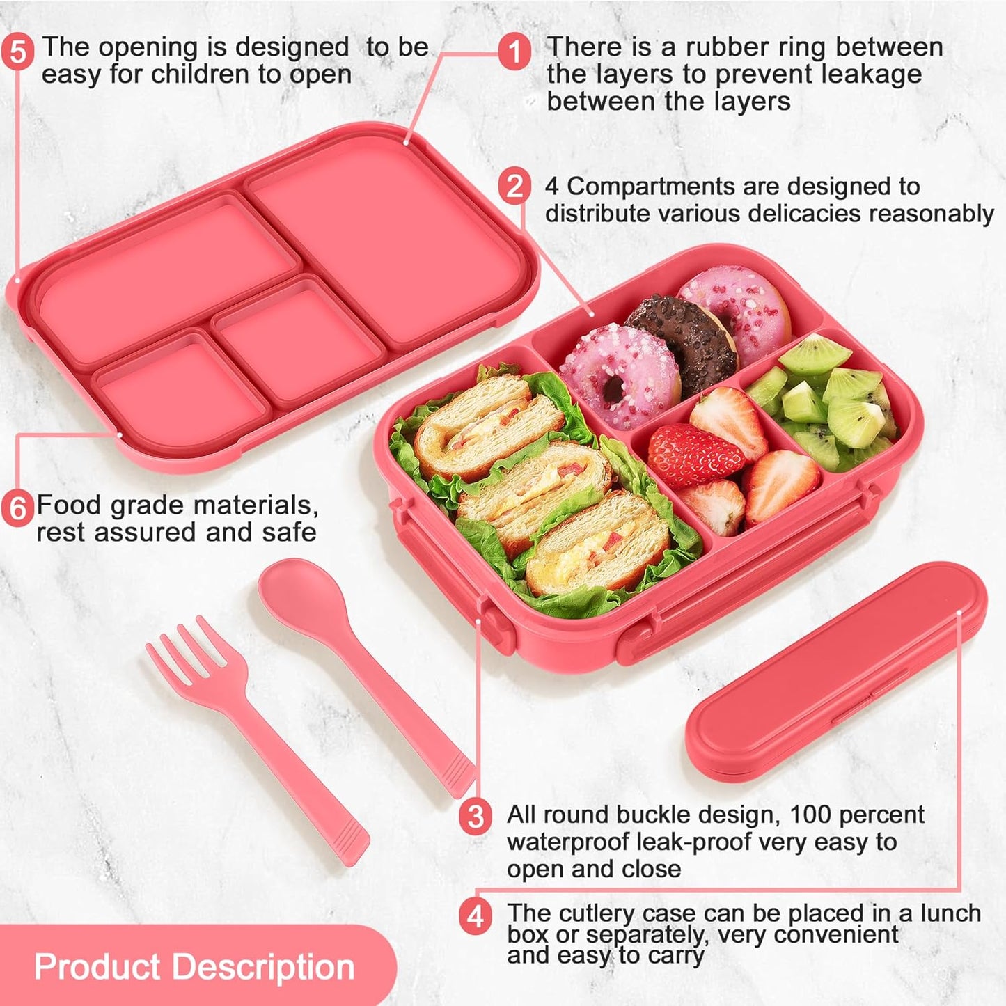 Amathley Lunch Box Kids,Bento Box Adult Lunch Box,Leakproof Lunch Containers for Adults/Kids/Toddler,1200ML-4 Compartments bento Lunch box with Utensil,Microwave & Dishwasher Safe(Dark Gray)