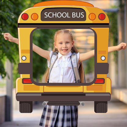 3 Pcs Back to School Photo Props Frame School Bus Photo Booth First Day of School Welcome Decorations School Pencil Shaped Backdrops for Back to School Party Classroom Supplies