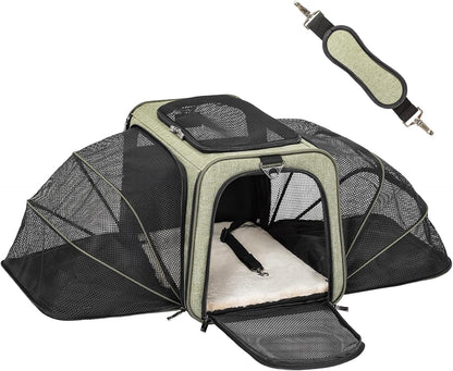 Petsfit Expandable Cat Dog Carrier Airline Approved, 17" L x 11" W x 11" H Soft-Sided Portable Pet Travel Carrier for Kitten, Puppy, Removable Soft Plush Mat and Pockets, Auto-Locking Zippers
