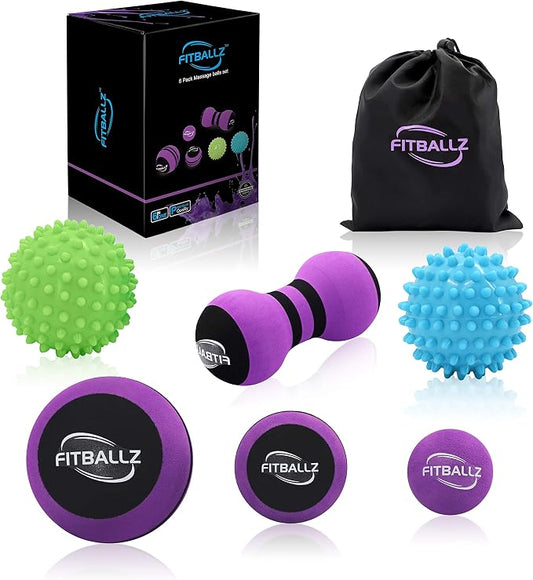 Massage Ball Set for Trigger Point Myofascial Release | Premium 6 Pack Muscle Massager Tools for Plantar Fasciitis | Foot Reflexology | Deep Tissue Therapy | Spiky Peanut 3 Massage Balls