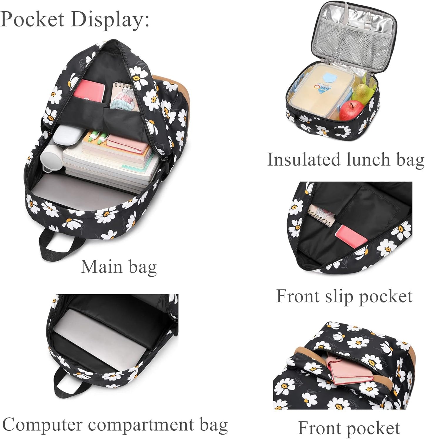 3Pcs Daisy Prints Backpack for Girls Bookbag set Primary School Daypack Elementary Students Knapsack with Lunch Box