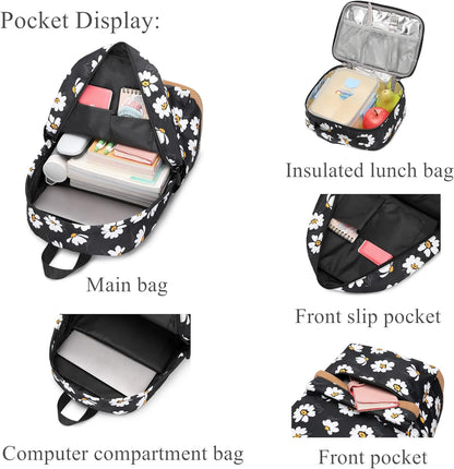 3Pcs Daisy Prints Backpack for Girls Bookbag set Primary School Daypack Elementary Students Knapsack with Lunch Box
