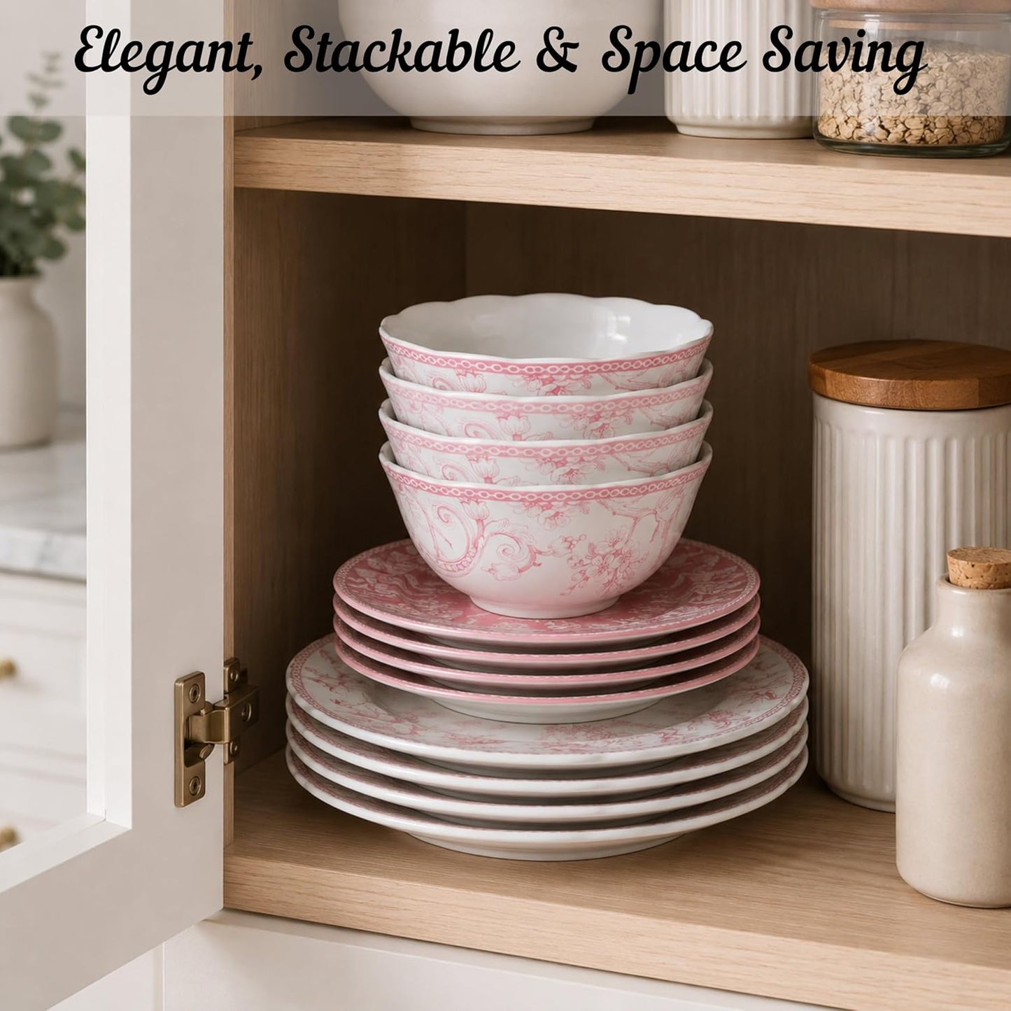 222 Fifth Adelaide Blush 12-Piece Pink Porcelain Dinnerware Set – Service for 4, Plate & Bowl Set, White with Pink Floral Pattern, for Daily Dining & Entertainment, Microwave & Dishwasher Safe