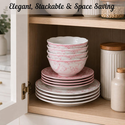 222 Fifth Adelaide Blush 12-Piece Pink Porcelain Dinnerware Set – Service for 4, Plate & Bowl Set, White with Pink Floral Pattern, for Daily Dining & Entertainment, Microwave & Dishwasher Safe