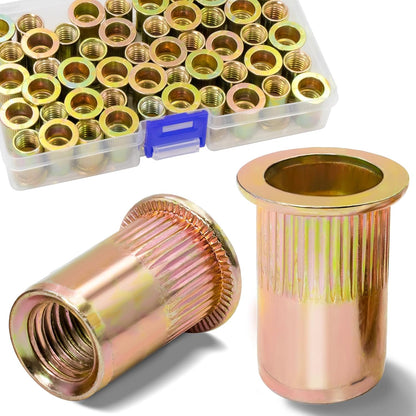 Vifmy Metric & SAE Rivet Nut Assortment Kit(420 Pcs),m3 m4 m5 m6 m8 m10 m12#6-32#8-32#10-24 1/4"-20 5/16"-18 3/8"-16 UNC Flat Head Rivnut Set,Zinc Plated Finish Carbon Steel Nutsert