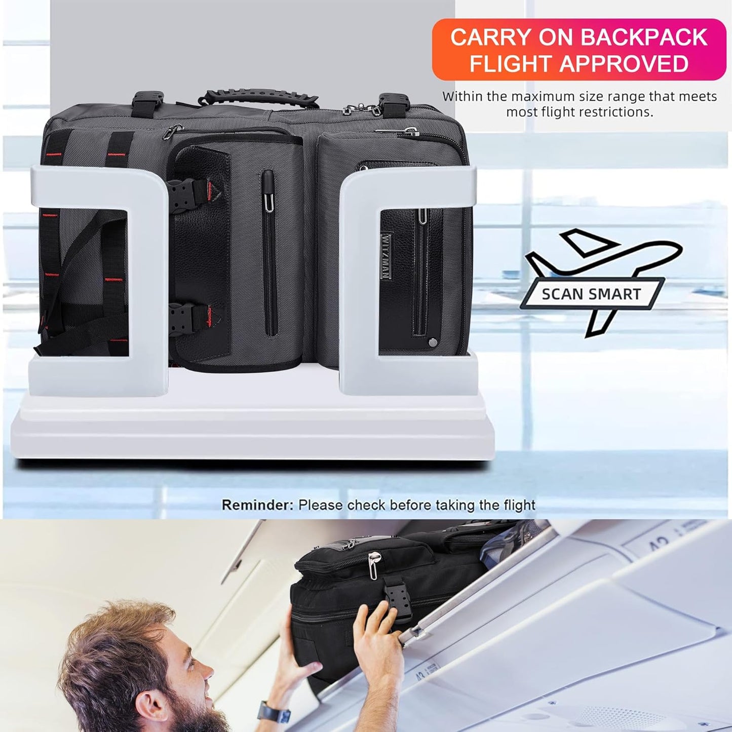 WITZMAN Carry On Travel Backpack for Men Duffle Bags Fit for 17 Inch Laptop Airline Approved Laptop Backpack