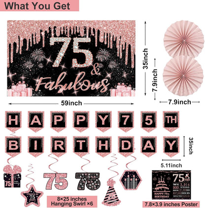 40th Birthday Decorations for Women,32pcs 40th Birthday Party Decorations,Including Backdrop, Crown,Sash,banner, Hanging Swirl,Cake Topper,balloons,Paper Fans,Anniversary Card and paper fans