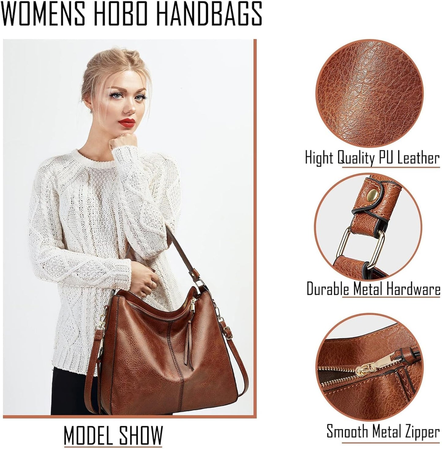 Hobo Bags for Women Handbags Purse Ladies Boho Shoulder Bag Crossbody Purses PU Leather Brown 2PCS