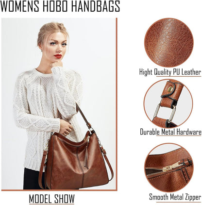 Hobo Bags for Women Handbags Purse Ladies Boho Shoulder Bag Crossbody Purses PU Leather Brown 2PCS