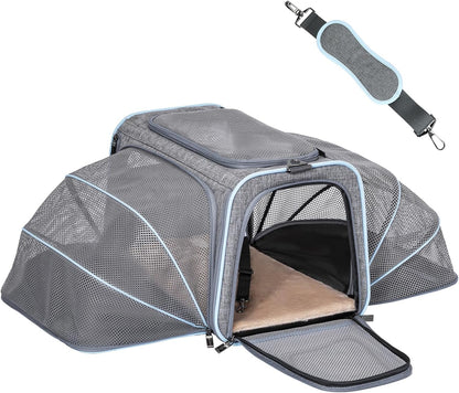 Petsfit Expandable Cat Dog Carrier Airline Approved, 17" L x 11" W x 11" H Soft-Sided Portable Pet Travel Carrier for Kitten, Puppy, Removable Soft Plush Mat and Pockets, Auto-Locking Zippers