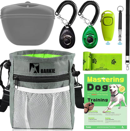 Dog Training Kit - Treat Pouch, Pet Training Fanny Pack, 2 Puppy Training Clickers, Ultrasonic Silent Whistle, 2-in-1 Whistle Clicker, Clicker Training Guide Booklet, Dog Poop Bag (Black)