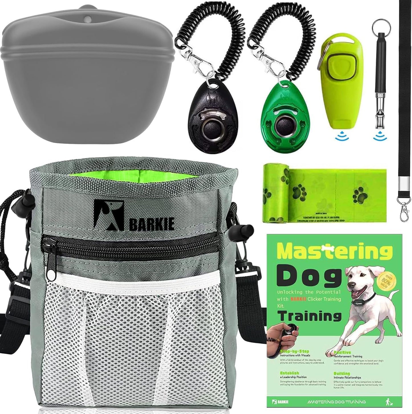 Dog Training Kit - Treat Pouch, Pet Training Fanny Pack, 2 Puppy Training Clickers, Ultrasonic Silent Whistle, 2-in-1 Whistle Clicker, Clicker Training Guide Booklet, Dog Poop Bag (Grey)