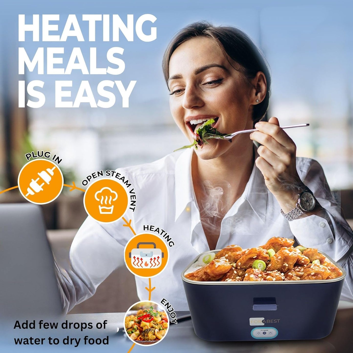 FORABEST Electric Lunch Box Food Heater 80W 1.5L Stainless Steel Heated Lunch Box for Men & Women, Universal 12/24/110/220V Self Heating Lunch Box for Car, Truck & Work, Portable Food Warmer lunch box