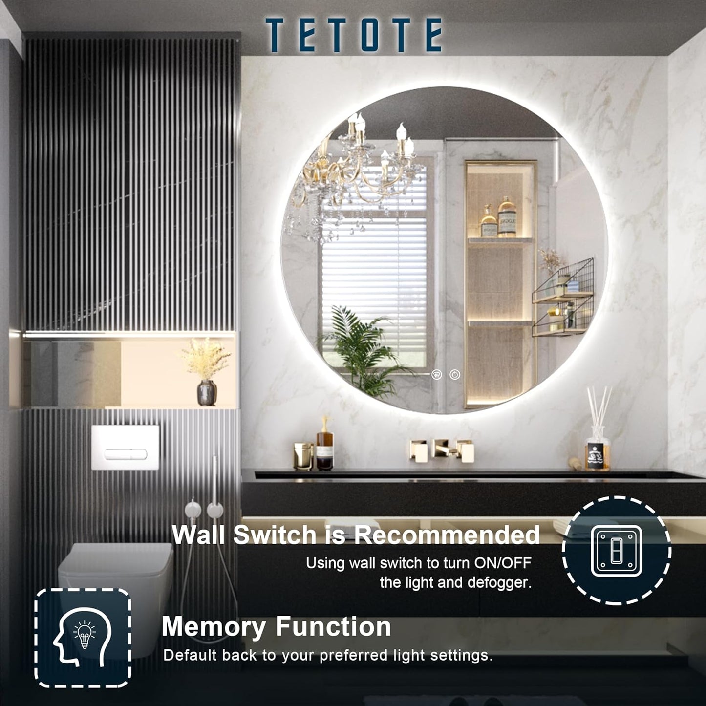 TETOTE 28 Inch Round LED Bathroom Vanity Mirror, Anti-Fog Dimmable Lights IP54 Waterproof Circle Makeup Wall Mounted Mirror