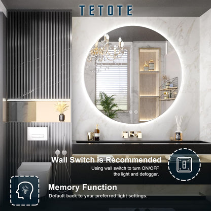 TETOTE 28 Inch Round LED Bathroom Vanity Mirror, Anti-Fog Dimmable Lights IP54 Waterproof Circle Makeup Wall Mounted Mirror