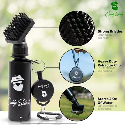 Caddy Splash Golf Water Brush – Retractable Nylon-Bristle Club Cleaner with Anti-Leak Reservoir, Squeeze Bottle Design, 18" Retractor Clip, Wide Cleaning Coverage, Lightweight & Portable – 7.5" Holds 4 oz – Black