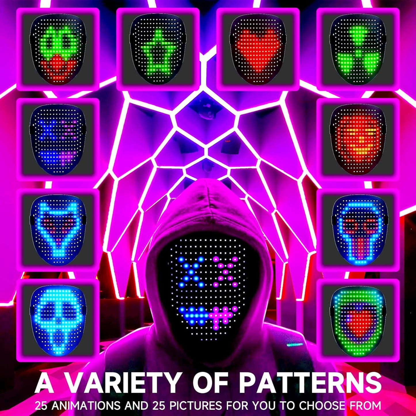 Funle Led Mask Smart Cool Light Up Rave Digital Electric Glow DJ Mask Face Transforming Halloween Costume Mask for Kid Adult