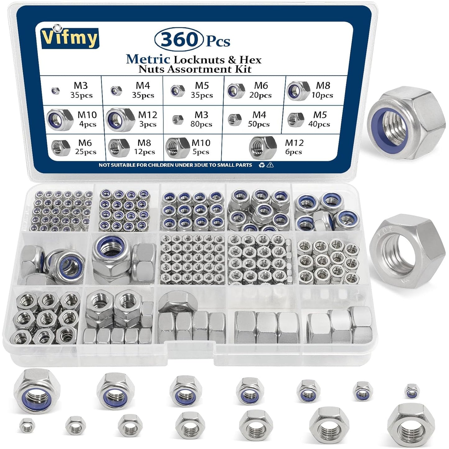 Vifmy 110 Pack 1/4"-20 Inch Lock Nuts,304 (A2-70) Stainless Steel Nylon Insert Locknuts,Standard Inch Thread Nylock Nuts for Bolts