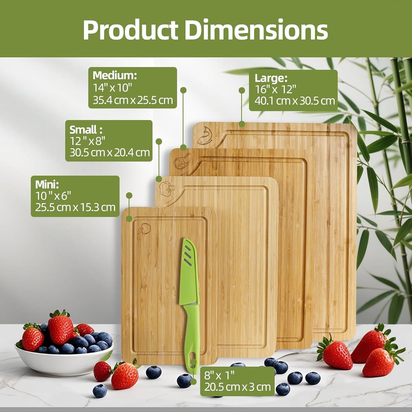 Bamboo Cutting Board for Kitchen, Bamboo Cutting Board Set of 3 with Juice Groove, Double-Sided Chopping Board Serving Board with Hanging Hole for Meat, Vegetables and Cheese