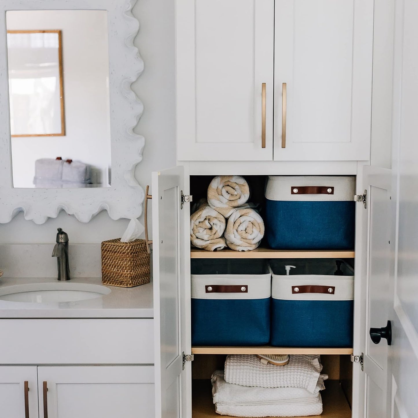 OrganiHaus Large Fabric Storage Baskets for Shelves 3 Pack, 15x11in Closet Storage Bins for Shelves, Cloth Baskets, Fabric Storage Cubes, Linen Closet Organizers, Fabric Basket, White Basket