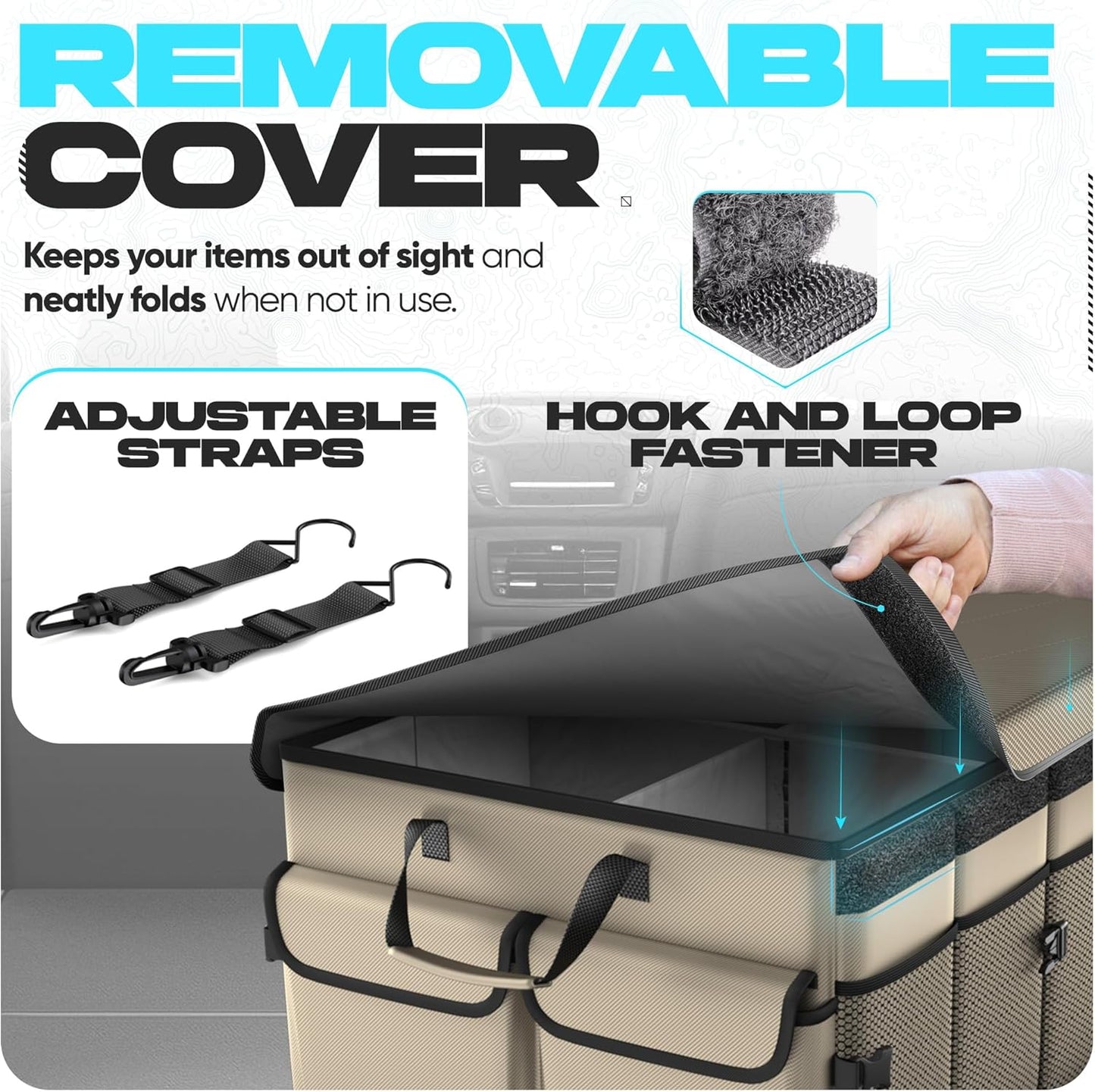 FORTEM Car Trunk Organizer, Collapsible Multi Compartment Car Organizer, Foldable SUV Storage for Car Accessories for Women Men, Non Slip Bottom, Securing Straps, Soft Cover 50L (Black, Standard)