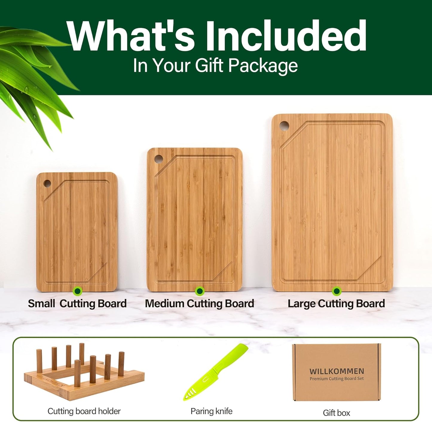 Bamboo Cutting Board Set of 3, Cutting Boards for Kitchen with Juice Groove, Bamboo Chopping Board Set, Serving Board Set for Meat, Fruit Vegetable and Cheese