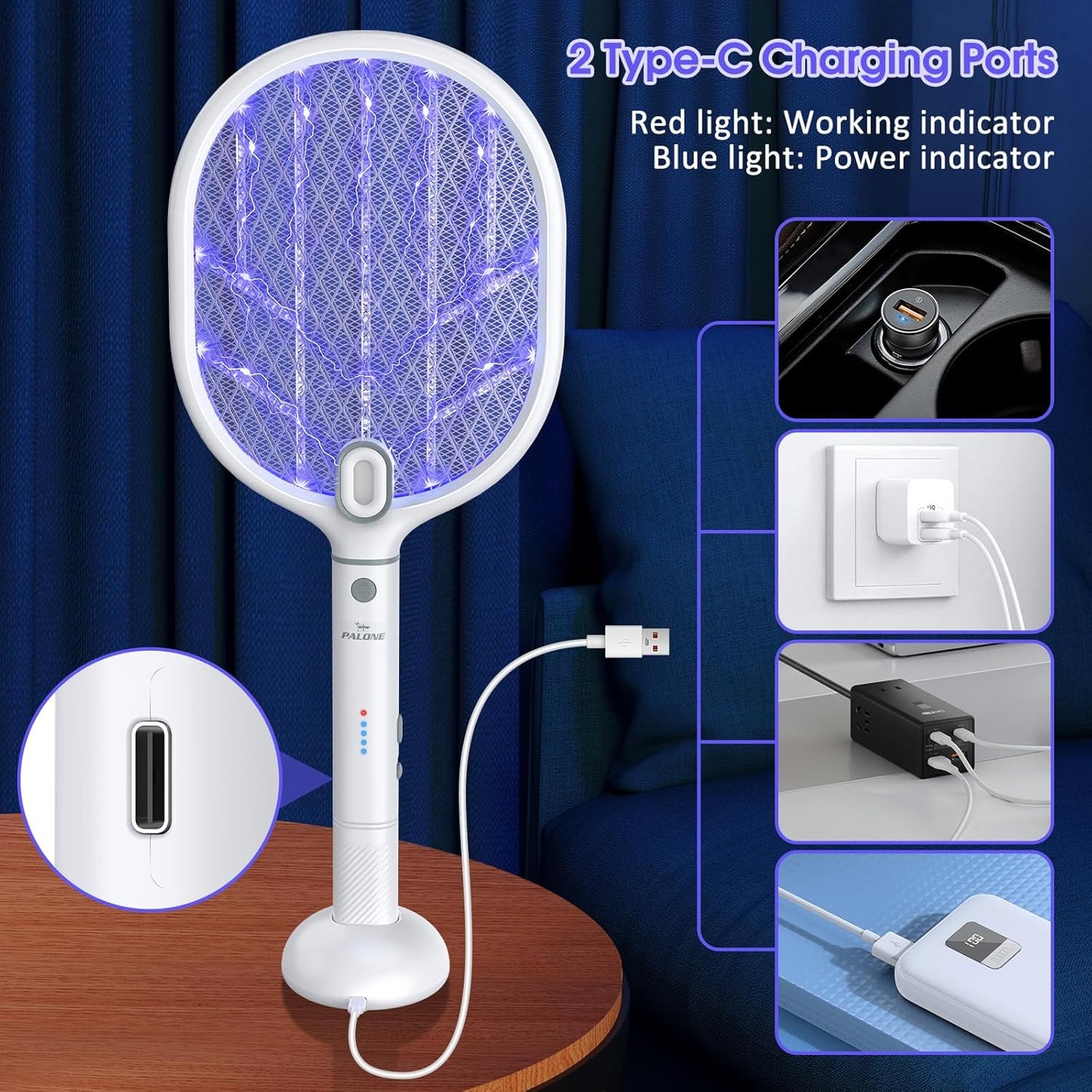PALONE Bug Zapper Racket ,Fly Swatter with Light, Detachable Dual Modes Fly Zapper for Indoor Outdoor (1 Pack)
