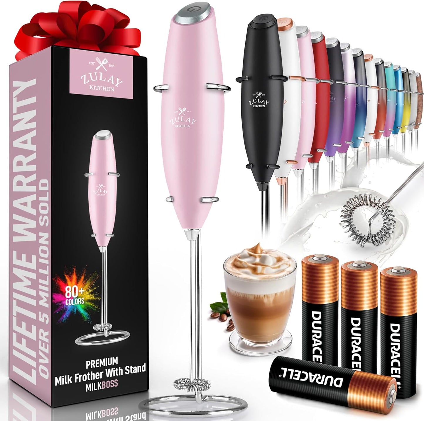 Zulay Milk Frother Complete Set Coffee Gift, Handheld Foam Maker for Lattes - Whisk Drink Mixer for Coffee, Mini Blender for Cappuccino, Frappe - Includes Frother, Stencils & Frothing Cup (Black)