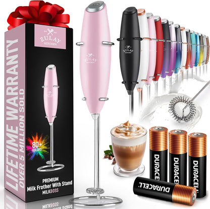 Zulay Milk Frother Complete Set Coffee Gift, Handheld Foam Maker for Lattes - Whisk Drink Mixer for Coffee, Mini Blender for Cappuccino, Frappe - Includes Frother, Stencils & Frothing Cup (Black)