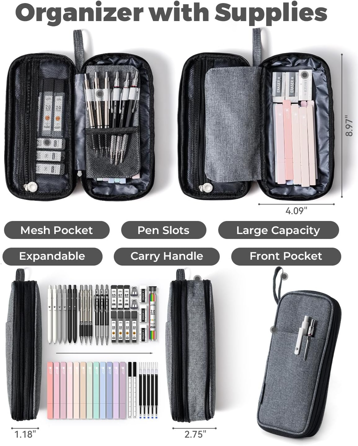 Four Candies School Supplies with Pencil Case, 45ct Black | Back to School Stationery Set, Essentials for College & Nursing Students, 6 Gel Pens, 6 Mechanical Pencils, 12 Highlighters