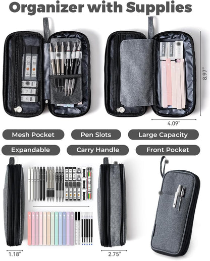 Four Candies School Supplies with Pencil Case, 45ct Black | Back to School Stationery Set, Essentials for College & Nursing Students, 6 Gel Pens, 6 Mechanical Pencils, 12 Highlighters