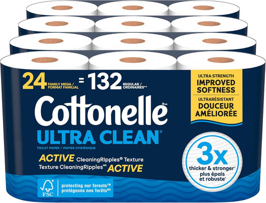 Cottonelle Toilet Paper, 24 Family Mega Rolls = 132 Regular Rolls (4 Packs of 6), Ultra Clean, Strong Bathroom Tissue, 353 Sheets per Roll, Packaging May Vary | Equals 132 Regular Rolls, 4-Pack of 6, Strong, Flushable, Plant Based, Packaging May Vary