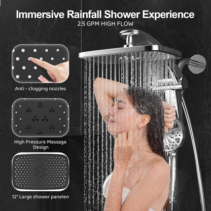 Rain Shower Head with Handheld High Pressure Rainfall Shower Heads with Handheld Spray Combo Adjustable one-piece Stand daul Shower Head Built-in Magnetic Docking and Power Jets（Sliver）