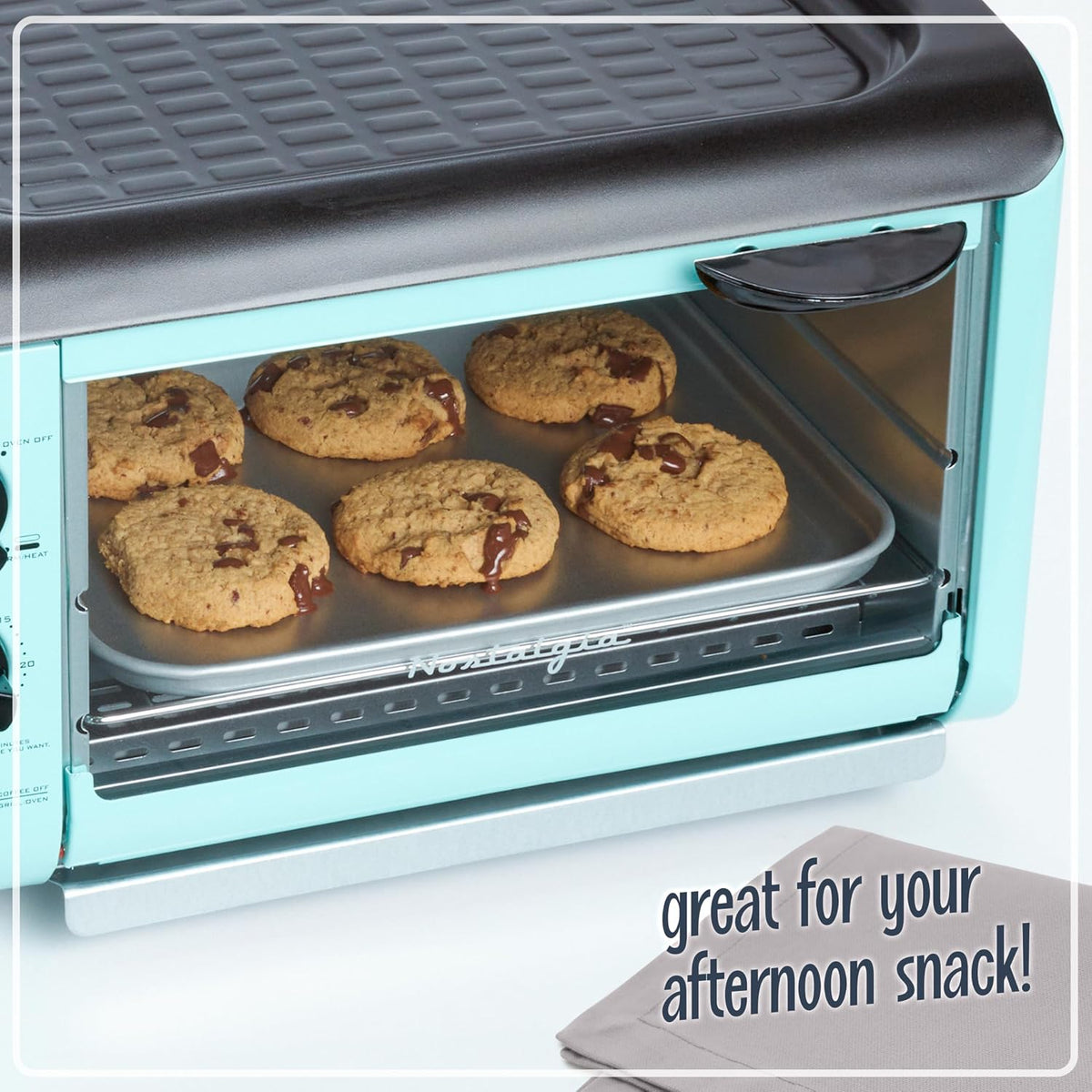 Nostalgia Retro 3-in-1 Family Size Electric Breakfast Station, Non Stick Die Cast Grill/Griddle, 4 Slice Toaster Oven, Coffee Maker, Aqua