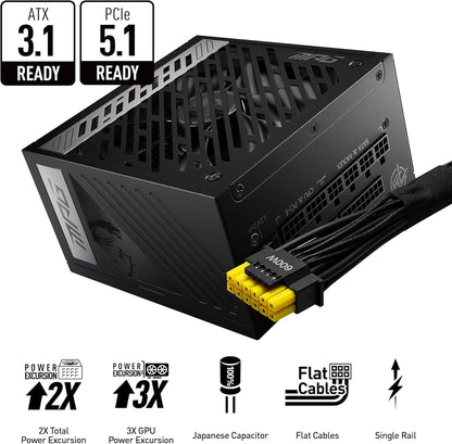 MSI MPG A1250GS PCIE5, 80 Plus Gold Full Modular 1250W Power Supply, 12V-2x6 Cable, ATX 3.1 & PCIE 5.1 Ready