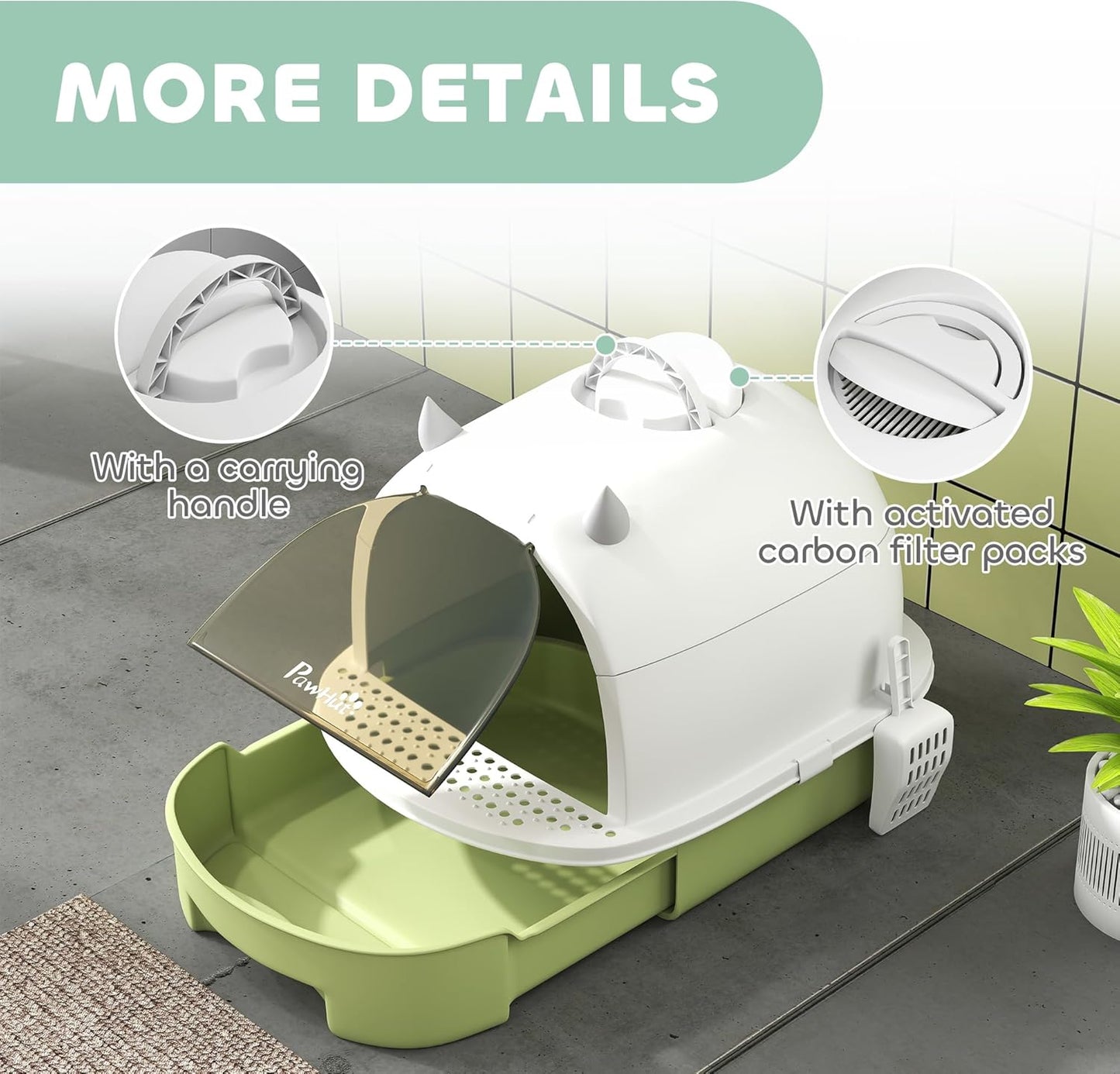 PawHut Cat Litter Box with Lid, Drawer Style Enclosed Kitty Litter Box with Front Door Flap, Scoop, Handle, Easy Clean, Cat Litter Tray for Small and Medium Cats, Green