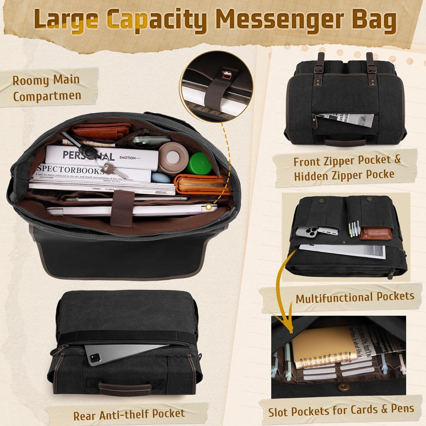RAINSMORE Canvas Messenger Bag Men 17-17.3 Inch Laptop Bag Computer Briefcase Water Resistant Satchel Bag for Men Work Office - PuriLite