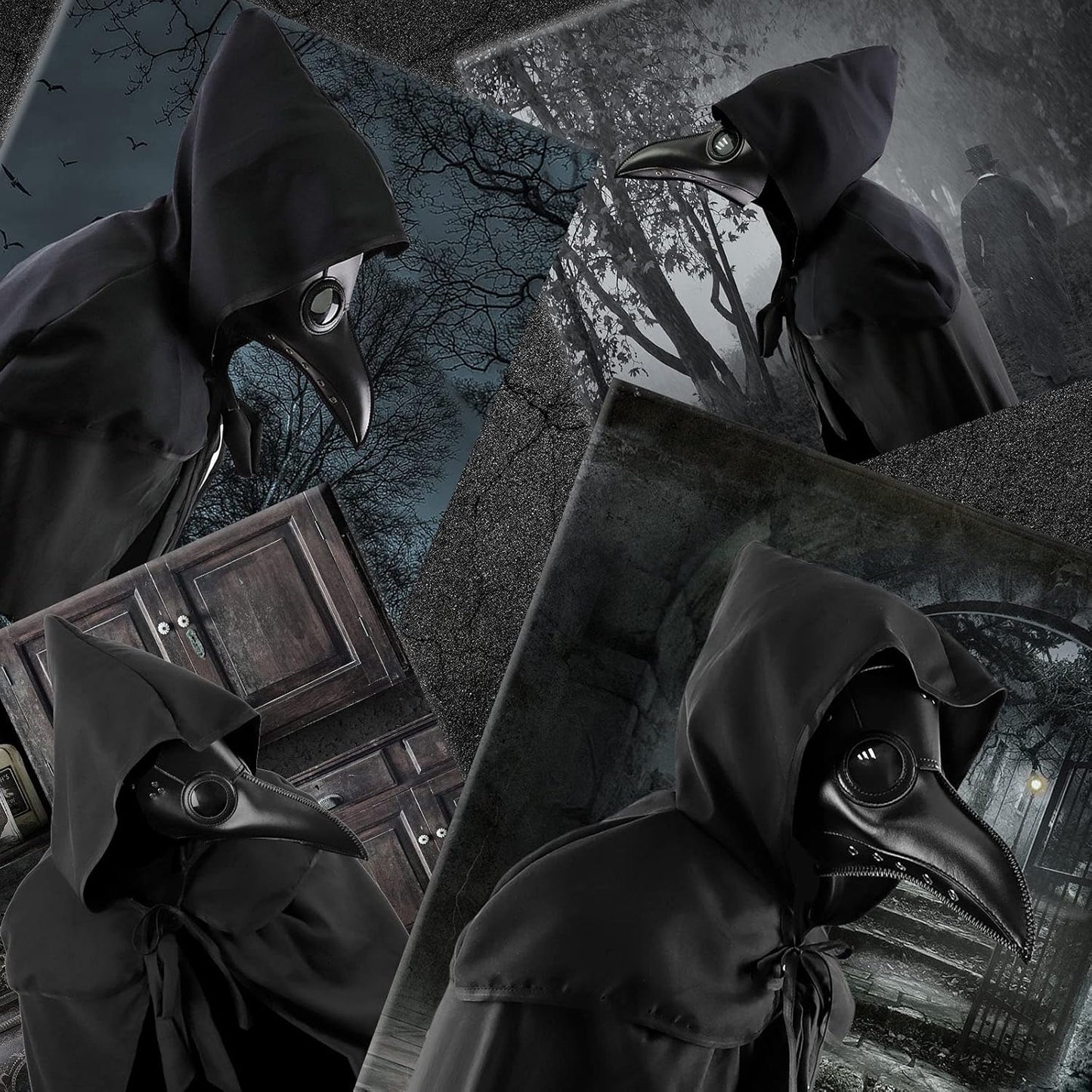 Halloween Plague Doctor Mask Plague Doctor Costume Obito Mask Steampunk Halloween Mask Horror Scary Halloween Mask Costume Props for Party Prom Halloween Gifts Set（3-pc Set） (Black)