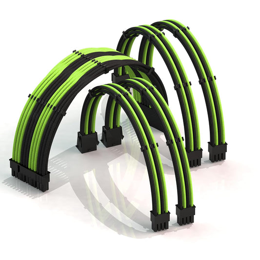 LINKUP - 30cm Super Soft and Flexible PSU Cable Extension Sleeved Custom Mod GPU PC Braided w/Comb Kit | 1 x 24 P (20+4) | 2 x 8 P (4+4) CPU | 2 x 8 P (6+2) GPU Set | 300mm - Blackgreen