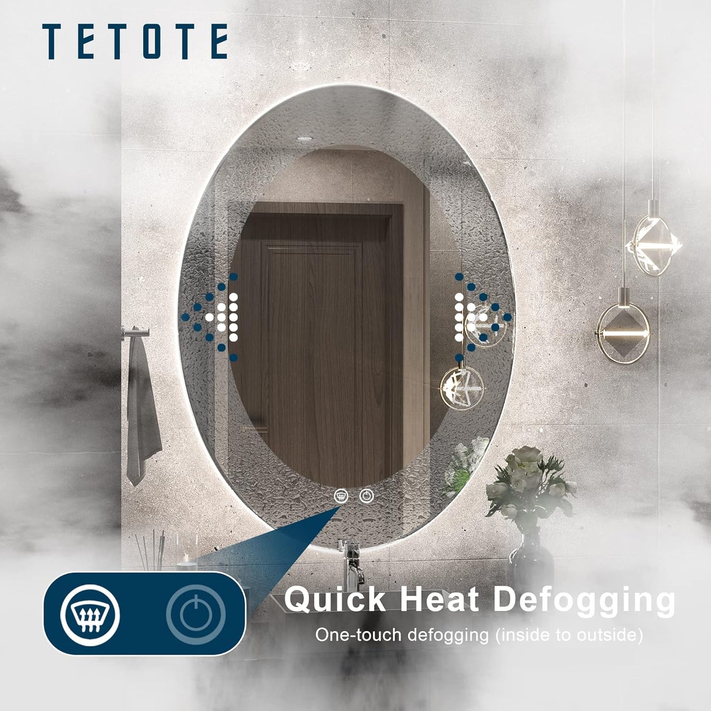 TETOTE 28 Inch Round LED Bathroom Vanity Mirror, Anti-Fog Dimmable Lights IP54 Waterproof Circle Makeup Wall Mounted Mirror