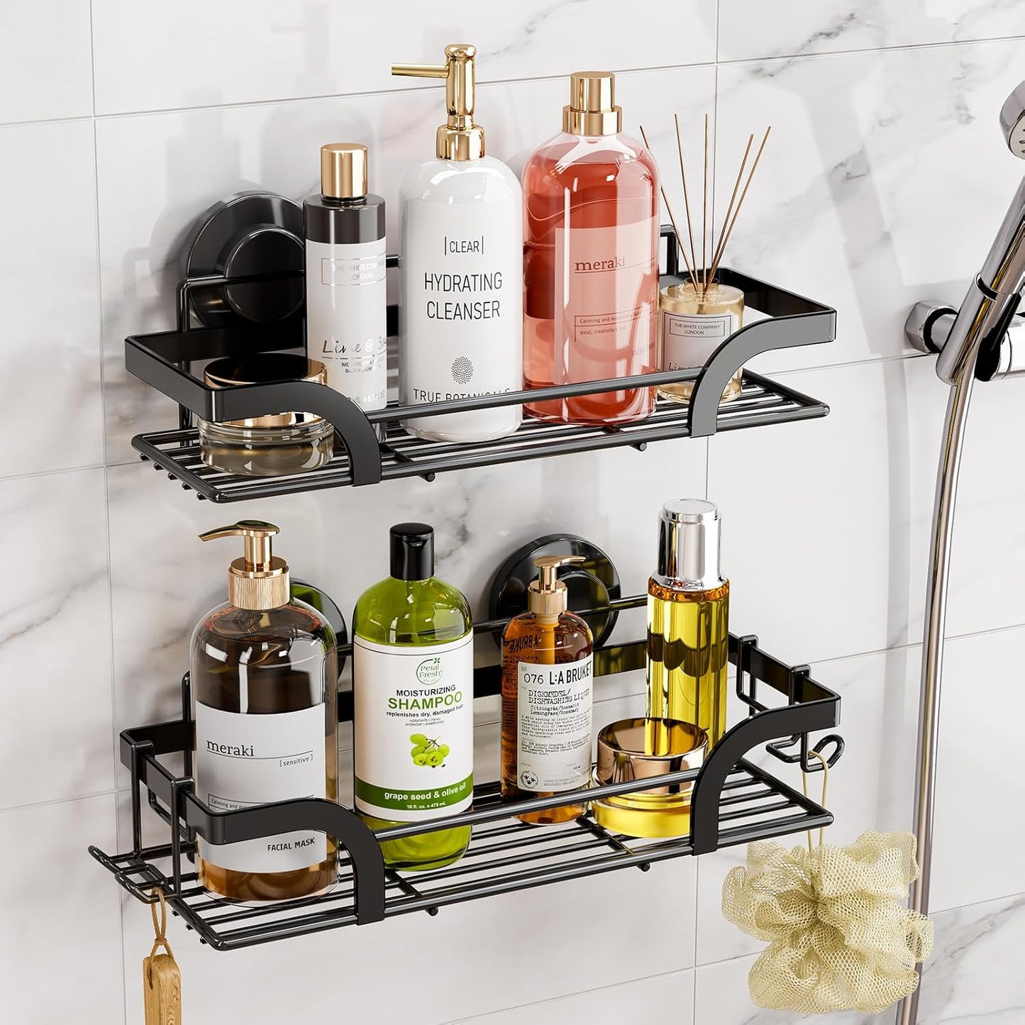 LEVERLOC Shower Caddy Suction Cup, 2 Pack Black Shower Shelf with Hooks and Soap Holder, NO-Drilling Bathroom Organizer, Rustproof Metal Bathroom Storage and Organization
