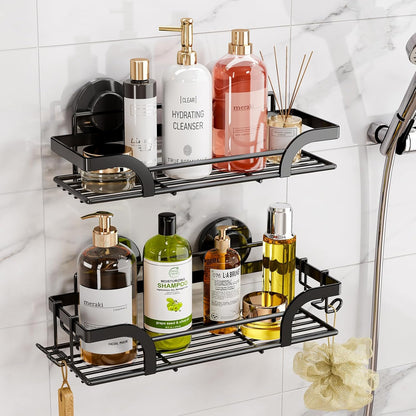 LEVERLOC Shower Caddy Suction Cup, 2 Pack Black Shower Shelf with Hooks and Soap Holder, NO-Drilling Bathroom Organizer, Rustproof Metal Bathroom Storage and Organization