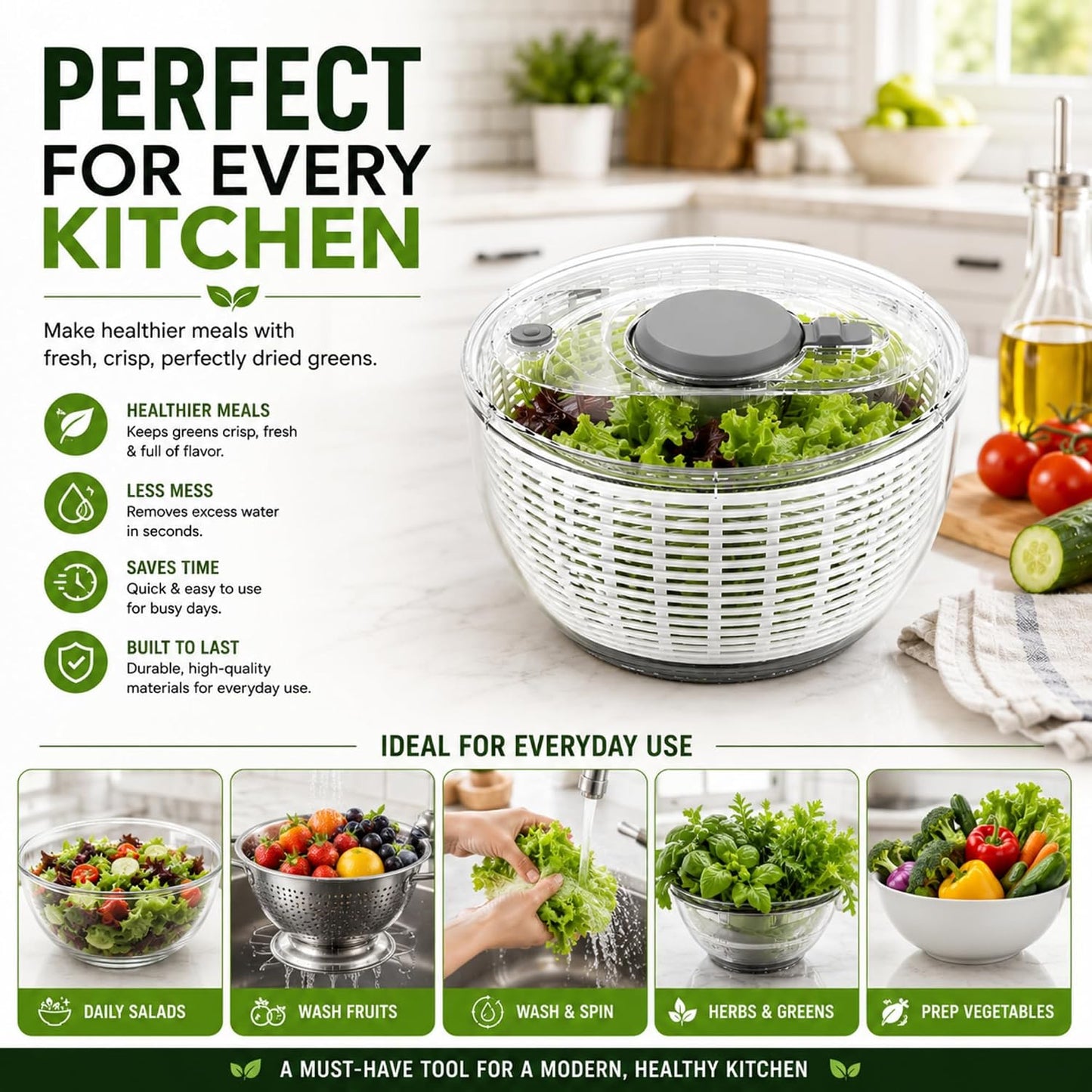 3.6L Salad Spinner – Manual Vegetable & Lettuce Dryer, Plastic Colander Bowl with Quick Spin Drain System – Kitchen Fruit & Veg Washer Dryer – 21 x 21 x 13 cm, 750g
