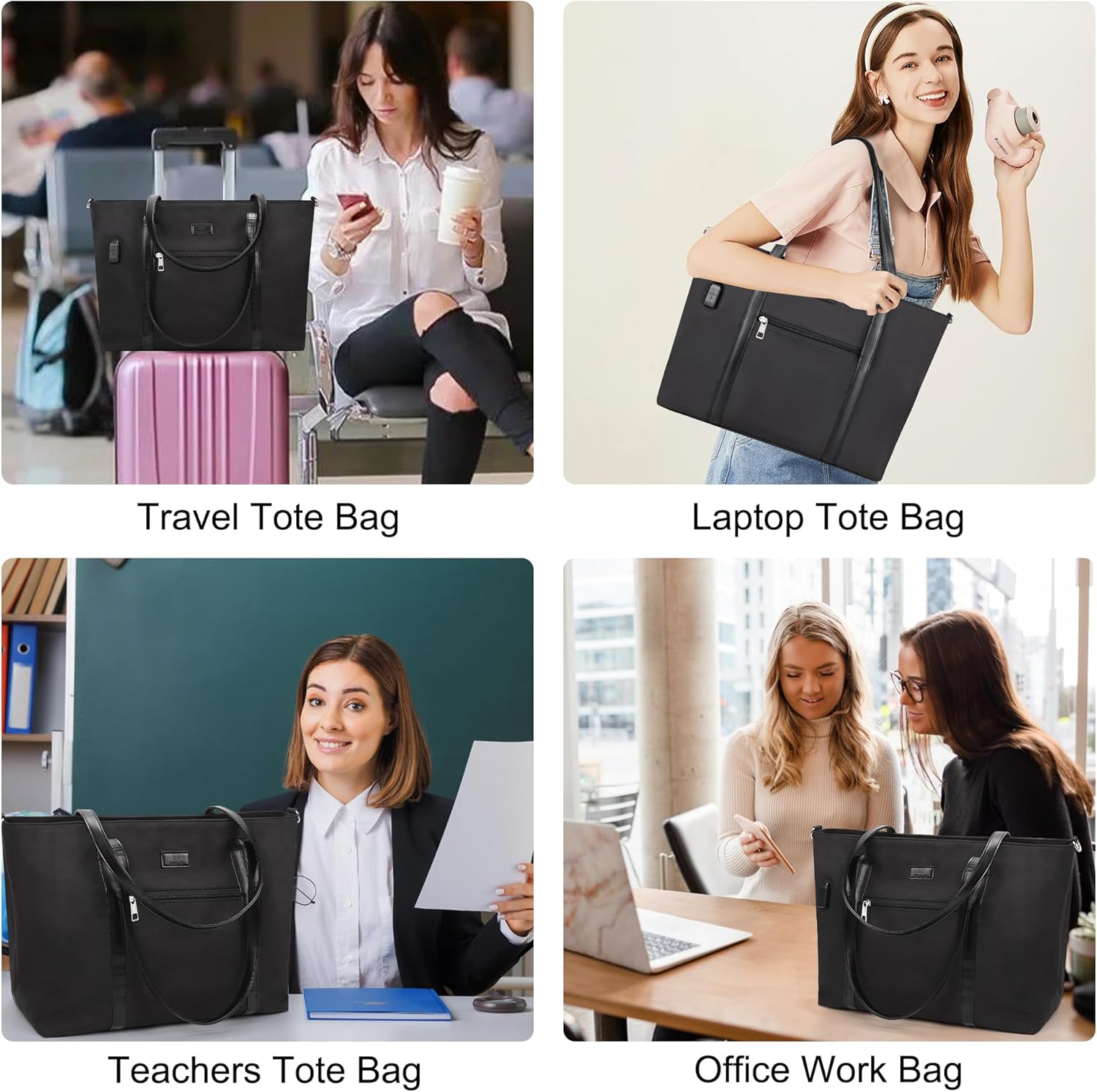 Laptop Bag for Women 17.3 Inch Laptop Tote Bag Large Work Tote Bag Waterproof Work Bag Teacher Bag with USB Charging Port Computer Tote Bag Nylon Handbag Satchel Shoulder Bag(17.3 inch, Black) - PuriLite